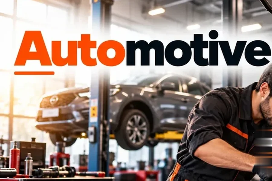 Mechanic working on a car engine in a repair workshop with a lifted car behind, semantic SEO for automotive businesses