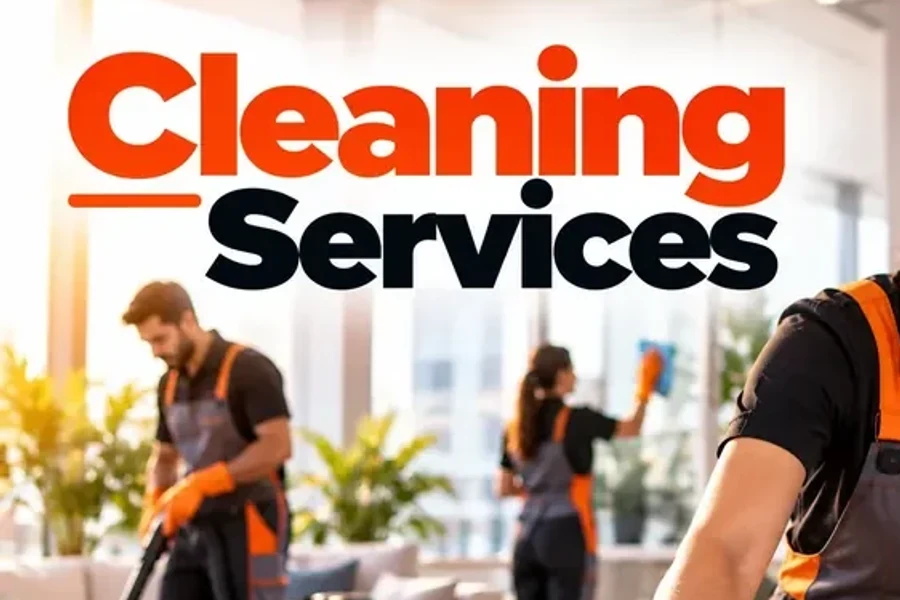 Cleaner in orange gloves wiping a counter while colleagues vacuum and wash windows, semantic SEO for cleaning services