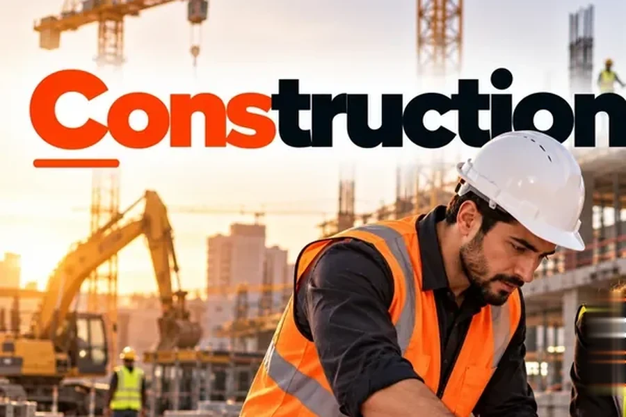 Two engineers in hard hats reviewing blueprints at a building site with a crane and excavator, semantic SEO for construction