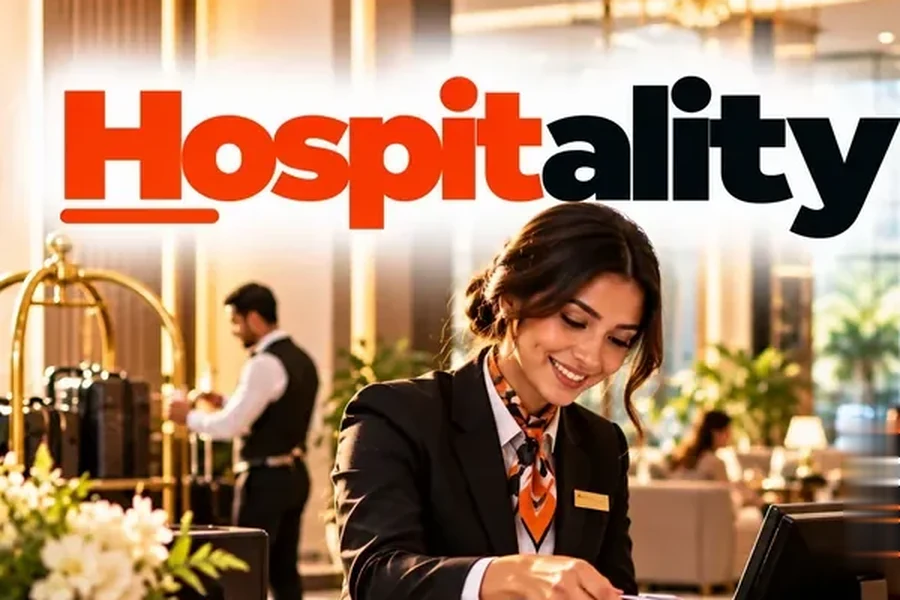 Hotel receptionist checking in a smiling couple with luggage at a marble front desk, semantic SEO for hospitality