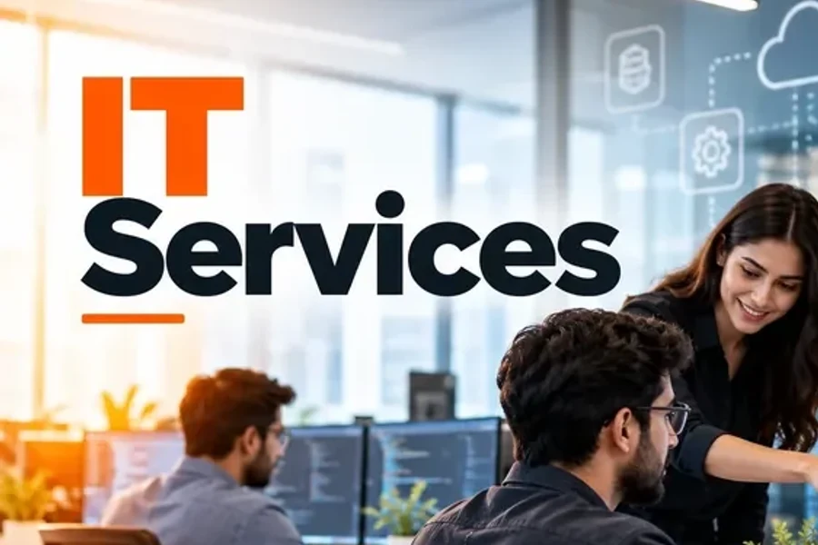 IT team reviewing code and a cloud network diagram on office monitors, semantic SEO for IT services