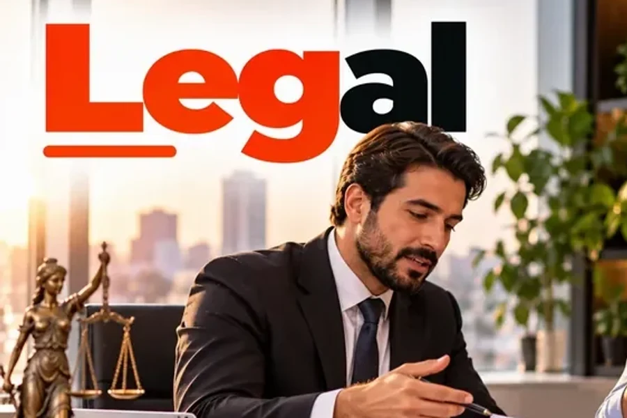 Lawyer explaining a document to a couple at a desk with law books, a gavel and a Lady Justice statue, semantic SEO for legal firms