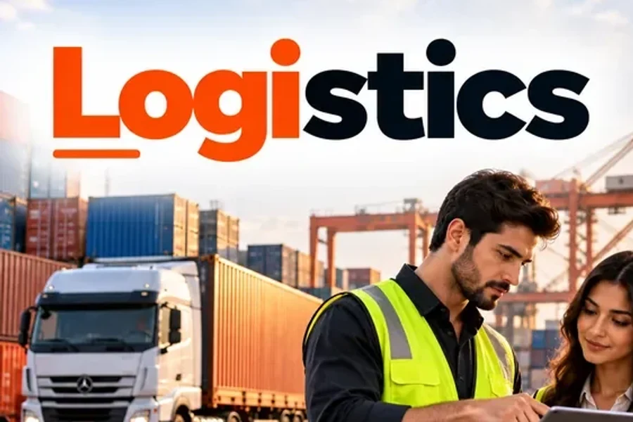 Two logistics staff in safety vests checking a tablet at a port with a truck, cargo ship, forklift and plane, semantic SEO for logistics