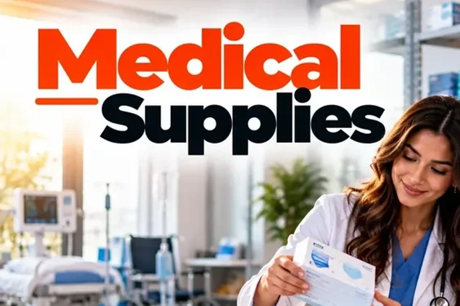 Two clinicians checking boxes of face masks and supplies in a stocked medical storeroom, semantic SEO for medical supplies