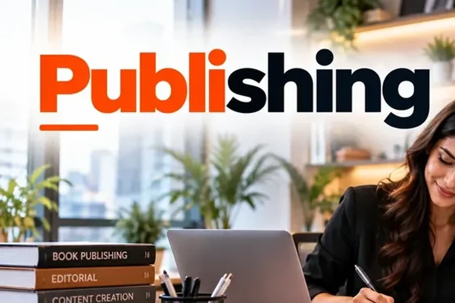 Editor making notes in a book at a desk with magazines, a laptop and a page layout on screen, semantic SEO for publishing