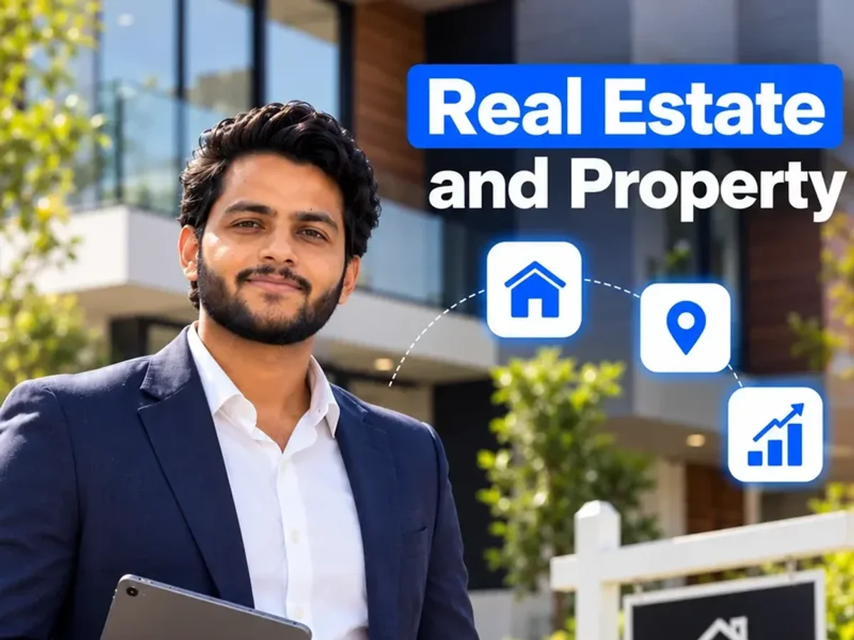 Real estate and property illustration: listings, map pin and growth chart