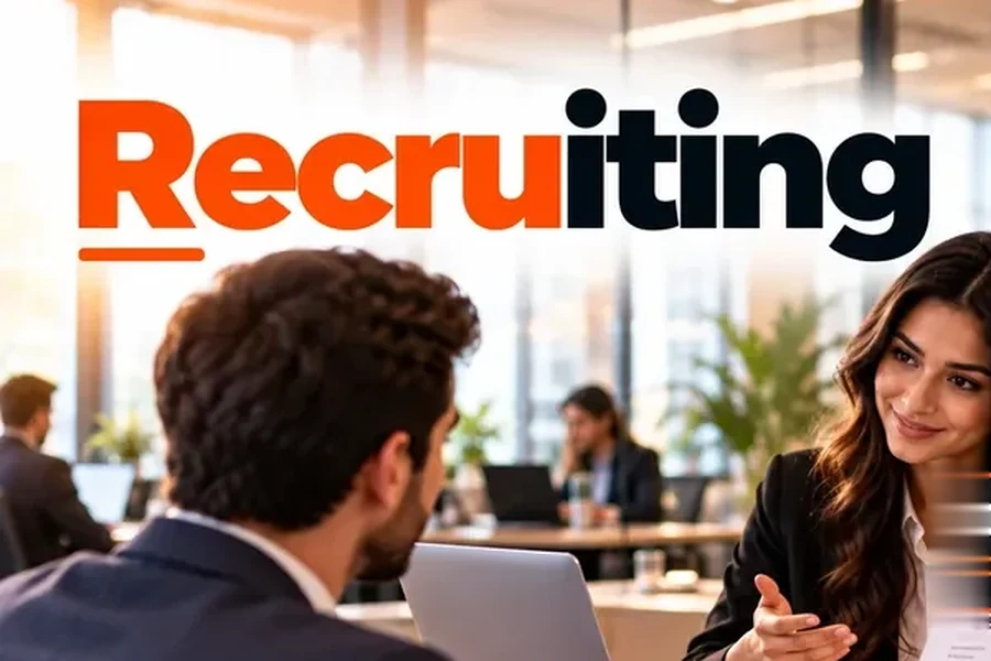 Recruiter holding a resume while interviewing a candidate at an office desk, semantic SEO for recruiting firms
