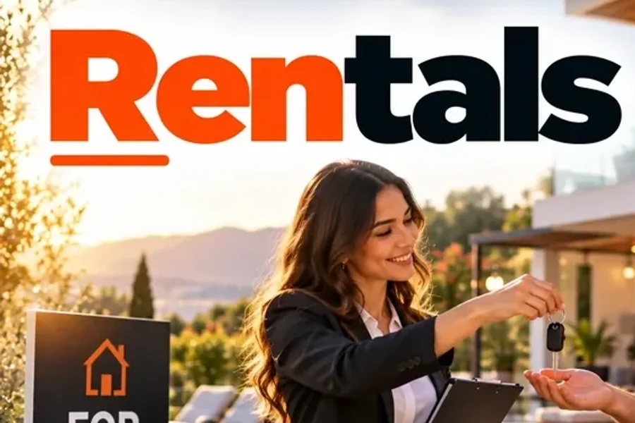 Agent handing keys to a couple with suitcases outside a modern holiday villa with a For Rent sign, semantic SEO for rentals