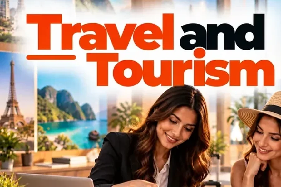 Travel agent showing a holiday brochure to a couple beside a destination signpost, globe and passport, semantic SEO for travel and tourism