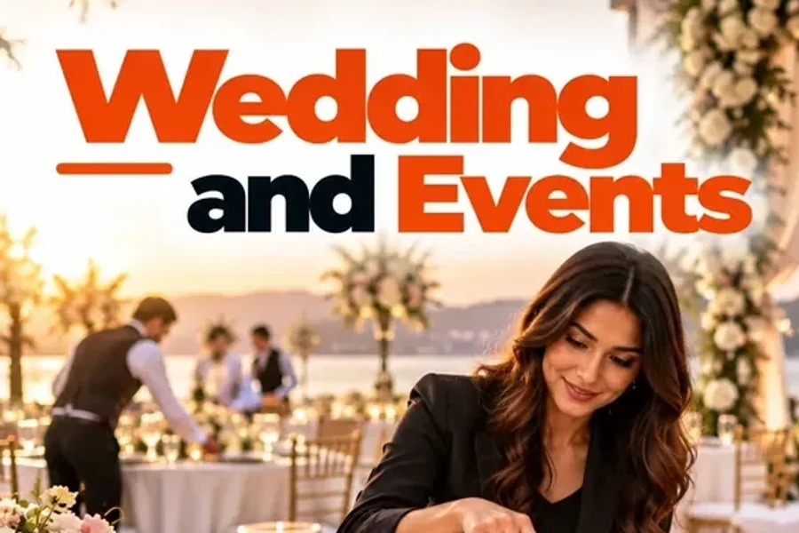 Wedding planner showing a tablet to a bride and groom at a decorated outdoor reception table, semantic SEO for wedding and events